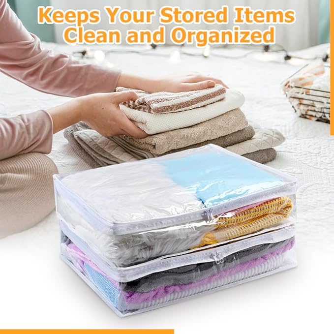 6 Packs Clear Zippered Storage Bags, Sweater Storage Bags with Zipper, Plastic PVC Sweater Sheet Organizer for Clothing Blankets Closet Bed Sheet Pillow(15.74 x 13.78 x 3.74 in)