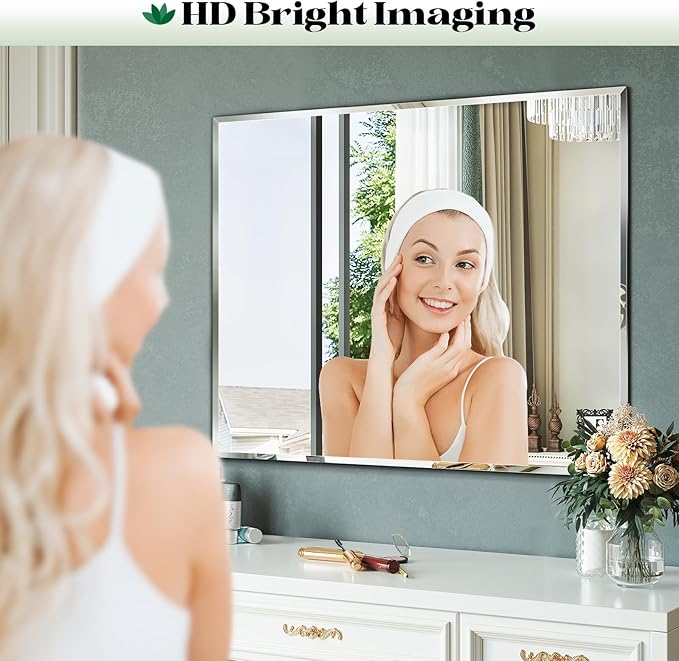 Beveled Bathroom Mirror, 48"x32" Frameless Mirror for Wall, Bathroom Vanity Mirrors for Entryway, Bedroom, Living Room Hangs Horizontally or Vertically