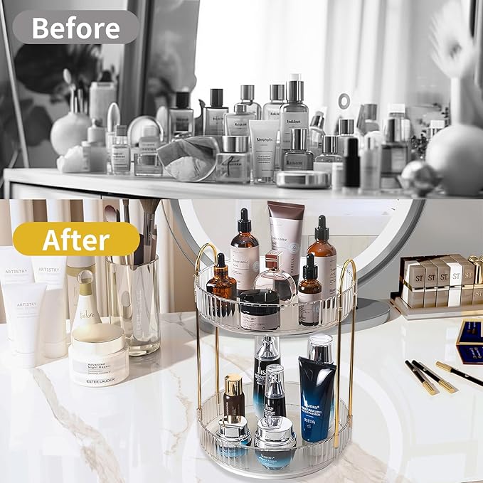 360 Rotating Makeup Organizer,2 Tier Large Capacity Make Up Organizers and Storage,Skincare Perfume Vanity Organizers,Bathroom Cosmetics Storage Organizer Countertop(Clear-2 Tier)