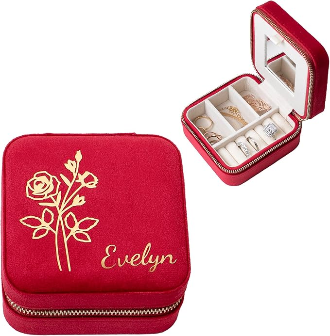 Customizable Compact Velvet Jewelry Box with Mirror, Travel Jewelry Case, Travel Jewelry Organizer, Jewelry Box for Women and Girls, Small Jewelry Organizer (Flower Design, Wine Red)