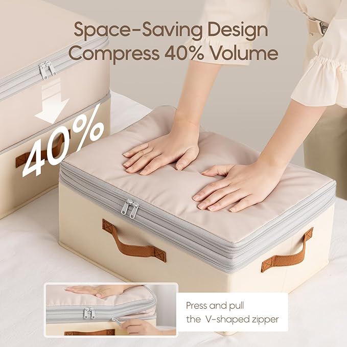 Large Closet Storage Bins - Compression Organizer Bins, Stackable Closet Organizer, Expandable Under Bed Storage Containers for Clothes, Towels, Sheet, 2 Pack, Beige