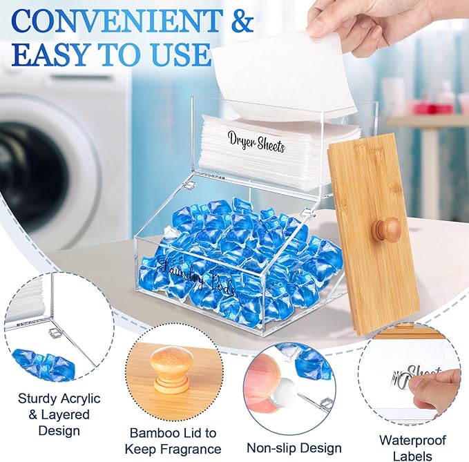 2 In 1 Laundry Pods Container & Dryer Sheet Holder, Acrylic Dryer Sheet Container with Bamboo Lid, Clear Dishwasher Pod Holder with Stickers for Laundry Room, Kitchen, Home