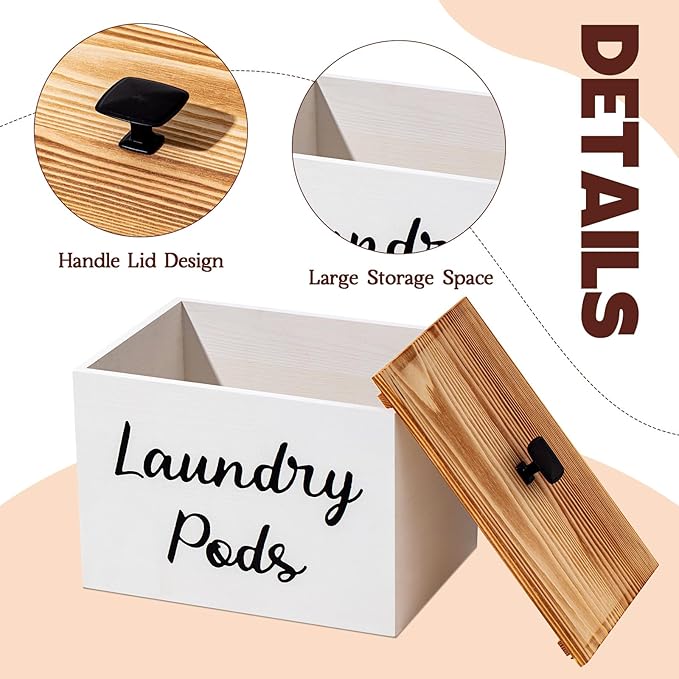 Dandat 3 Pcs Dryer Sheet Holder Laundry Pod Holder Scent Booster Container Set with Scoop Rustic Wood Dryer Sheet Container Laundry Beads Dispenser for Storage(White)