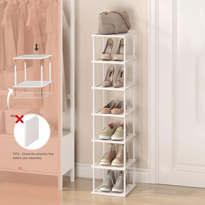 Bamboo Free Standing Shoe Rack Shelf Multi Tier Tall Wooden Stackable Shoes Rack Organizer for Closet Front Door Entrance Narrow Vertical Shoe Storage (White, 7 Tiers)
