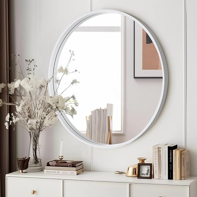 WallBeyond Round Wood Mirror 24 inch Circle Wall Mirror for Bathroom Round Wall Mirror for Wall Decor, Vanity, Entryway Living Room (White)