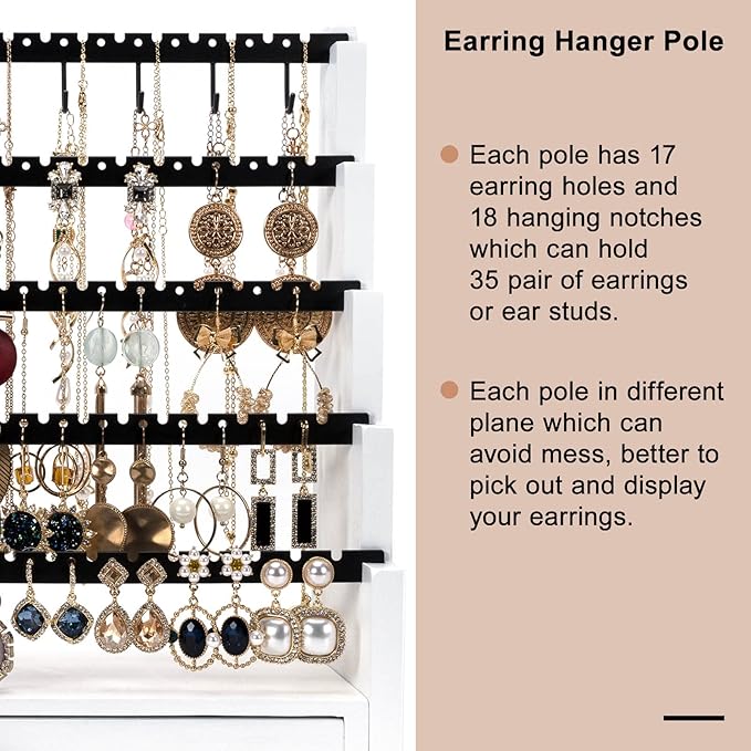 Pinzoveco Earring Organizer, 5 Layer Earring Holder Organizer with Necklace Holder Pole, Rustic Wood Jewelry Organizer Stand Display for Stud Earring Bracelet Necklace Ring, 175 Earring Holes
