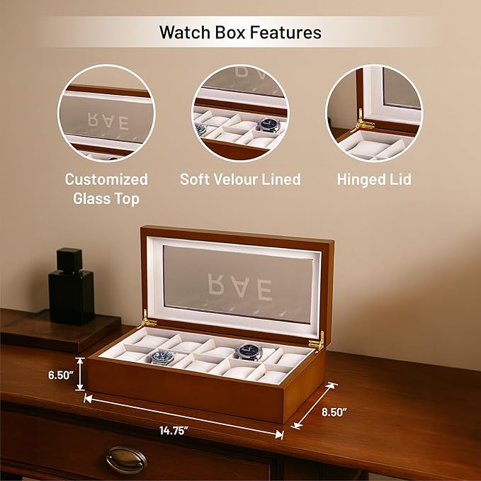 Bey-Berk Modena Personalized Cherry Wood 10-Slot Watch Box, Custom Glass-Top Solid Wood Display Case with Velour-Lined Watch Cushions, 14.75" x 8.5" x 3.5"