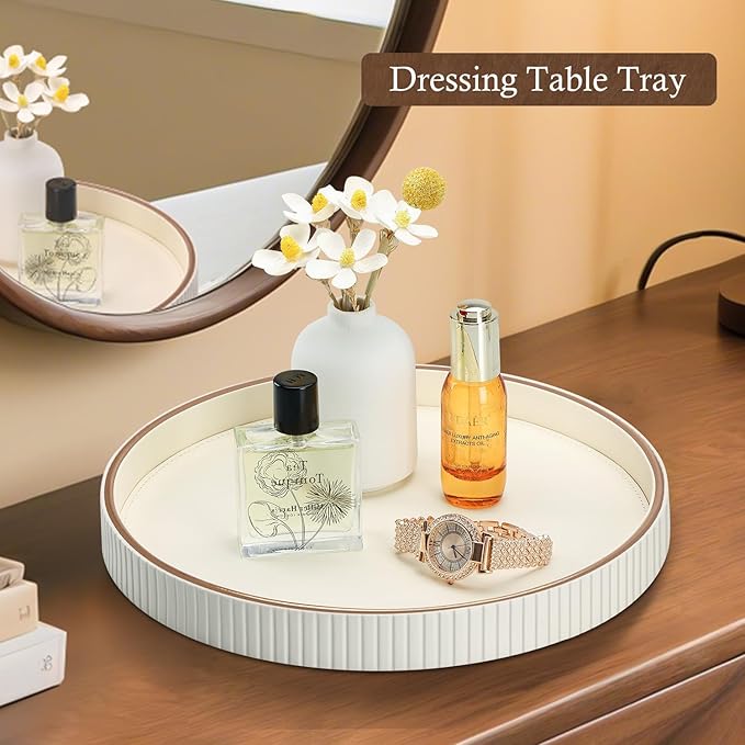 GORESE 12" Round Decorative Serving Tray for Coffee Table, PU Leather Compact Table Tray for Home Decor, Nightstand Valet Tray for Jewelry, Perfume & Keys, Cream White