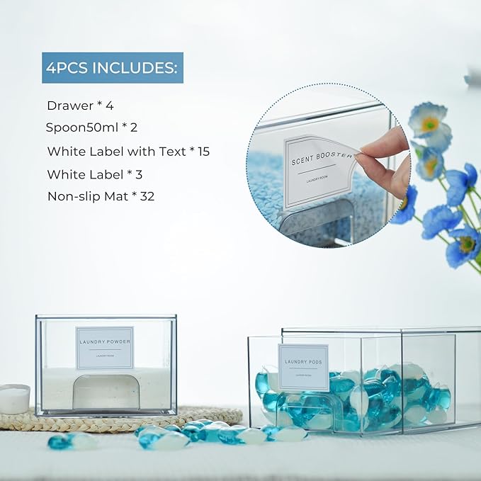 4 Pack Laundry Room Organization and Storage Containers with Labels, Stackable Clear Plastic Storage Drawers for Dryer Sheet Holder, Laundry Pods Container, Laundry Room Decor for Organizing