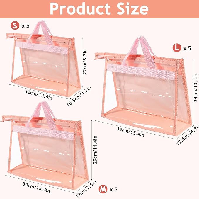 15 PCS Dust Bags for Handbags,Purse Protector Storage Bag,Purse Cover Hanging Closet Organizer with Zipper Handle,Clear Handbag Storage Organizer for Closet,3 Assorted Sizes(Pink)