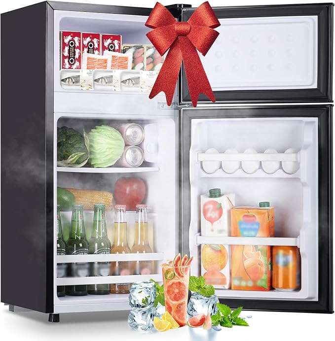 Mini Fridge with Double Doors Small Refrigerator with Separate Freezer & 7 Adjustable Temperature Control, Tiny Size & Personal Fridge Ideal for Office Apartment Dorm Dark Grey