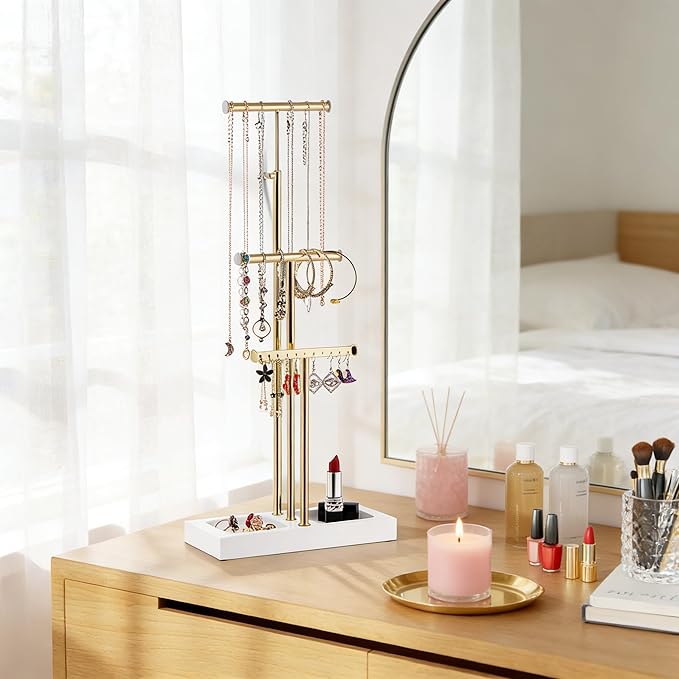 Love-KANKEI Jewelry Organizer Hanging with Metal and Wood Base, Necklace Holder with 3 Tier Tree Jewelry holder stand for Bracelets Earrings Rings,Height Adjustable Gift White and Gold