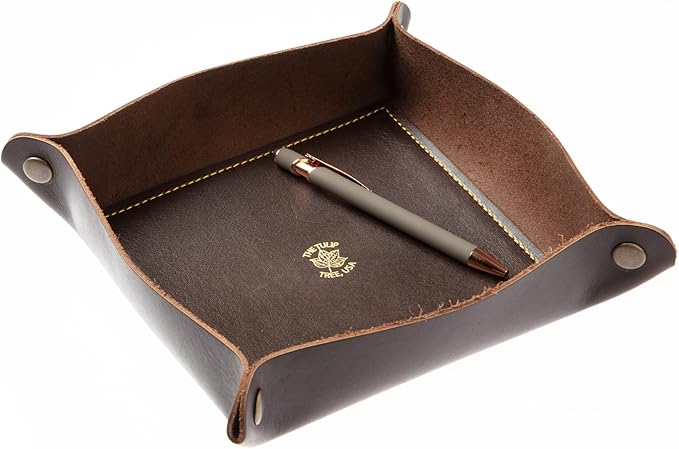 USA Handmade Premium Leather Valet Tray, Folds Flat! Dice Rolling Basket and Organizer with Brass Snaps (Brown Gold, Large)