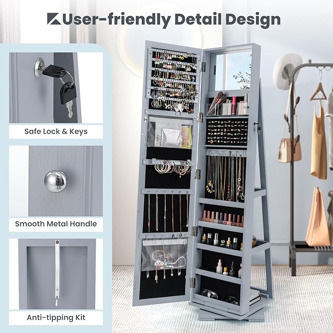CHARMAID 360° Swivel Jewelry Armoire with Full Length Mirror, Standing Lockable Jewelry Cabinet Organizer, Large Storage Capacity, Inside Makeup Mirror, Back Storage Shelves (Gray)