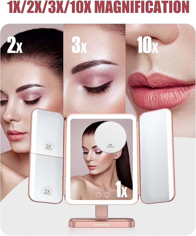 EASEHOLD Rechargable Makeup Mirror Vanity Mirror with Lights, 5000Mah & USB Cable, 112 LEDs Lighted Trifold Mirror with 1X 2X 3X 10X Magnification, Smart Touch, Portable Cosmetic Beauty Mirror