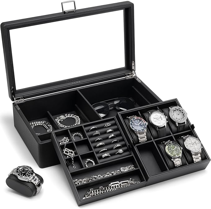 Vlando 6-Slot Watch Box Organize, Lockable Watch Case with Textured Leather, 2 Layer Watch Holder for Rings, Bracelets, Glasses, Glass Lid, Removable Divider, Gift for Fathers, Husband, Friend, Black