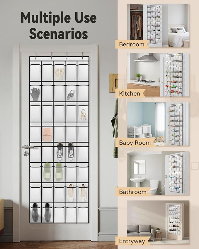 dodowin Over the Door Shoe Organizers, 2 Pack (24 & 40 Pockets) - Hanging Shoe Rack with 4 Metal Hooks, Space Saving Foldable Storage for Closet Door, White