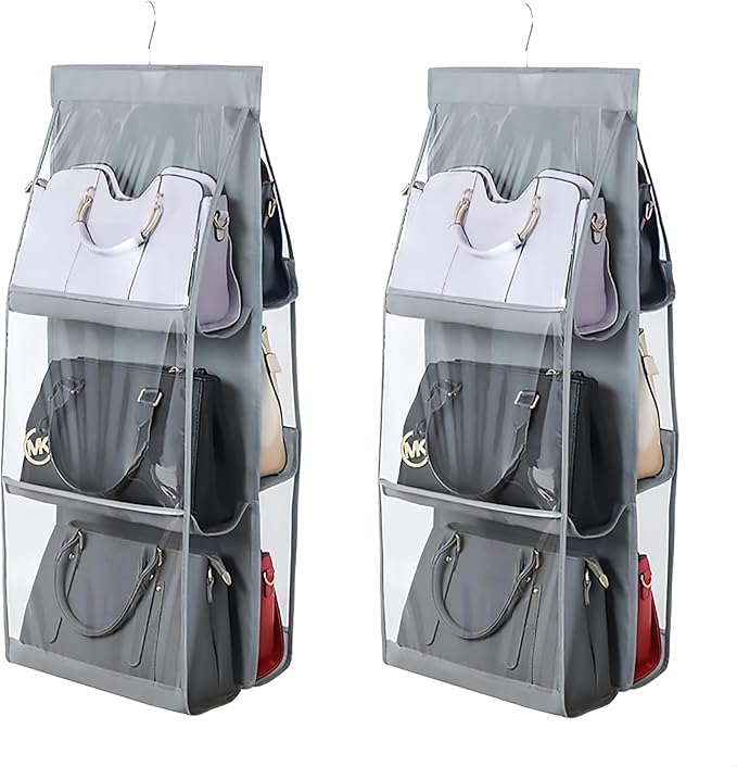 HAN SHENG 6 Pockets Clear Handbag & Purse Organizer Hanging Bag Storage - Space Saving Hanging Shelf for Closet, Wardrobe, Over Door (2 Pack, Grey)