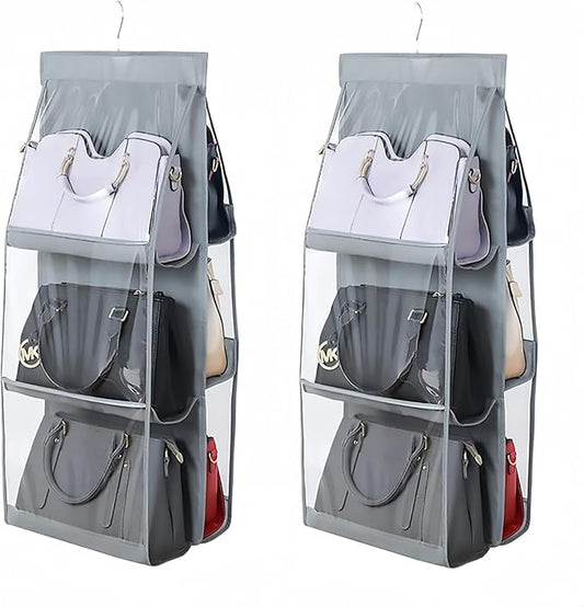 HAN SHENG 6 Pockets Clear Handbag & Purse Organizer Hanging Bag Storage - Space Saving Hanging Shelf for Closet, Wardrobe, Over Door (2 Pack, Grey)