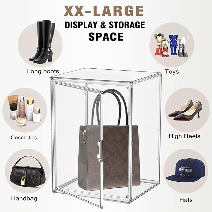 XX-Large Tall Boot Storage Organizer 11.4'' x 9.8'' x 15.3 '' Clear Acrylic Handbag Display Case Plastic Purse Display Organizer for Closet Storage Box for Shoes,Backpack,Collectibles,1 Pack