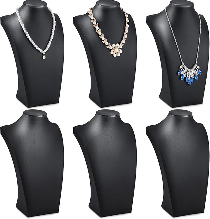 Kigley 6 Pcs Black PU Leather Jewelry Bust Display Necklace Holder Stand Necklace Mannequin Holder for Jewelry Display Trade Show(11.42 x 3.94 x 6.89 Inches)