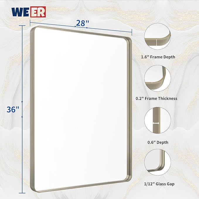 WEER 28X36 Inch Brushed Nickel Bathroom Mirror, Brushed Silver Metal Frame Mirror, Rounded Rectangle Silver Bathroom Vanity Mirror, Tempered Glass, Anti-Rust, Hangs Horizontally or Vertically
