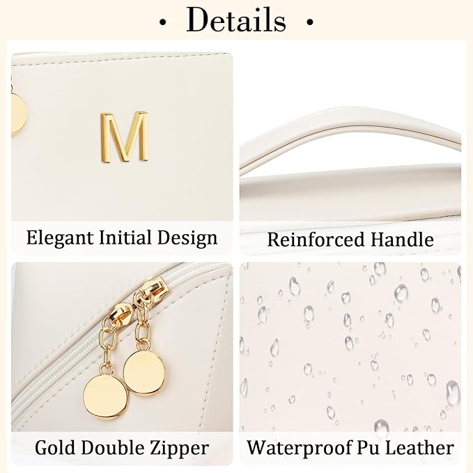 Valentine's Day Gifts for Women Teen Girl, Personalized Initial Makeup Organizer Bag Set, Open Flat Travel Cosmetic Bag With Clear Divider and Handle(Beige,M)