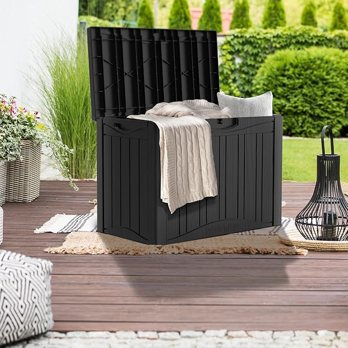 52 Gallon Resin Deck Box Waterproof Outdoor Storage Box for Patio Furniture Pool Accessories Indoor Storage for Cushion Garden Tools, Black