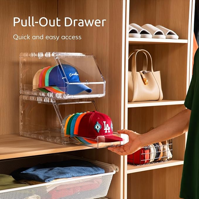 Hat Organizer Box – Stackable Clear Display Box with Sliding Drawer, Holds 15 Baseball Caps, Closet and Shelf Organizer for Hats, Transparent Display with Anti-Slip Feet