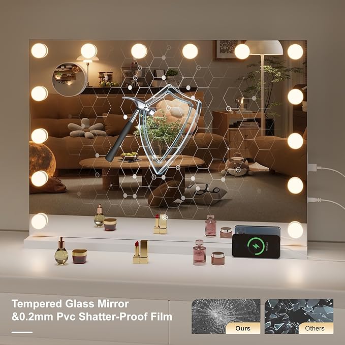 Hasipu Hollywood Vanity Mirror with Lights, 29" x 20" Makeup Mirror with 14 Dimmable LED Bulbs 3 Color Modes & Detachable, 5X Magnifying Glass, Touch Control, USB and Type-C, Tempered Glass