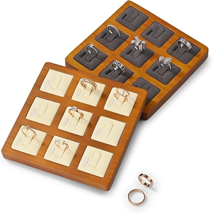 Oirlv Solid Wood Ring Display Stand Showcase Ring Display Organizer Tray 9 Bits Jewelry Holder(Creamy-white)