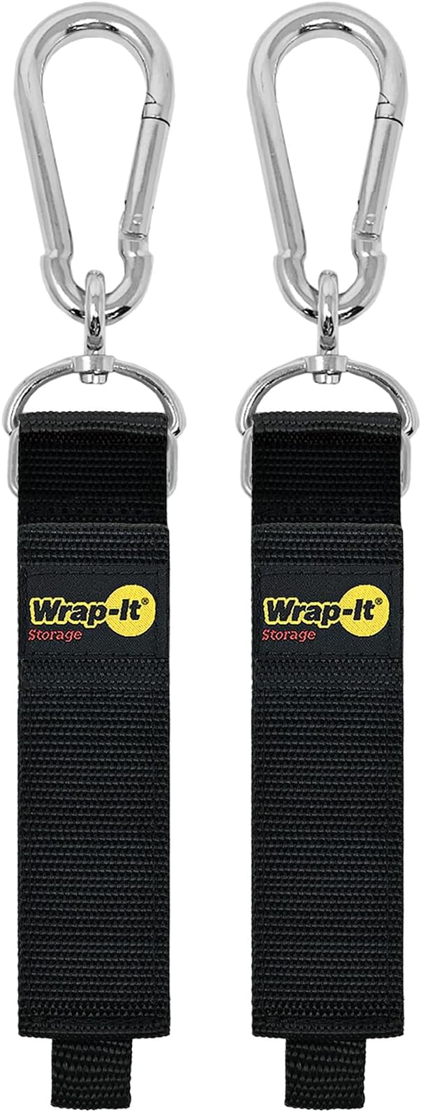 Hook 'n Hang Wrap-It Storage Straps - 18" (2-Pack) Black - Carabiner Straps to use as an Extension Cord Holder with Hooks