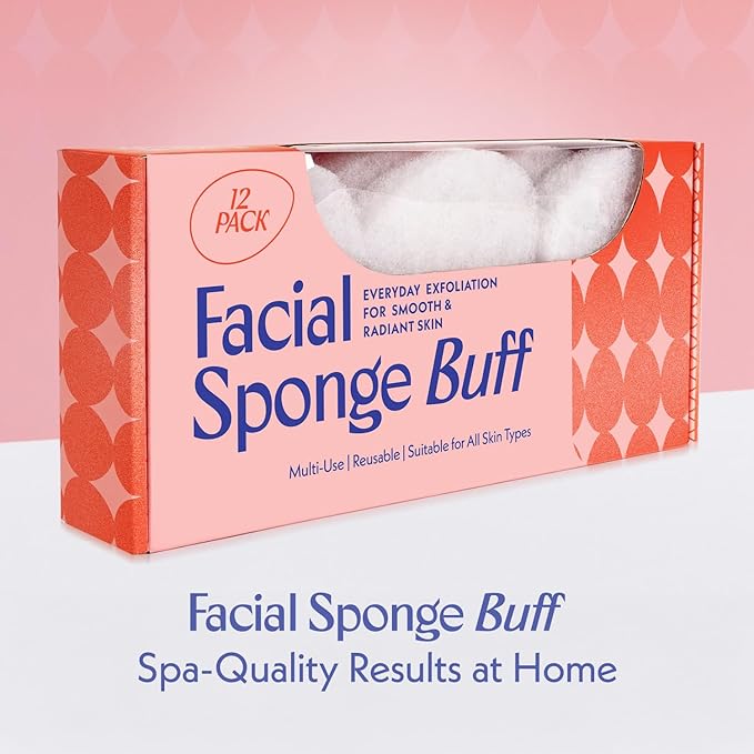 [12 Pack] Regular Exfoliating Facial Sponge for Face - Daily Cleansing Face Scrubber - Exfoliating Pads - Puf for Removing Makeup, Dirt, and Dead Skin - Reusable Face Pads Buf Dirt Away