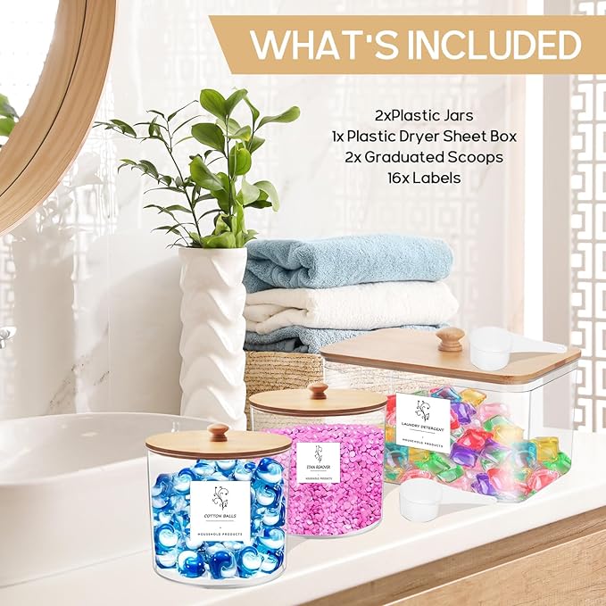 3 Pack Laundry Room Organization Storage Containers, Clear Large Laundry Detergent Powder Storage Containers with Wooden Lids & 16 Labels,Laundry Pods Holder for Scent Booster,Powder,Pods