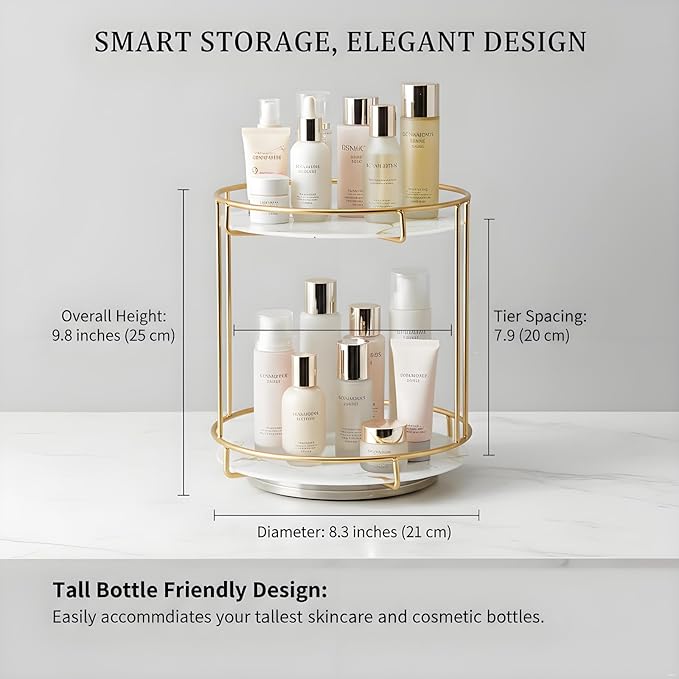360° Rotating Makeup Organizer Countertop, 2-Tier Golden Vanity Organizer with Glass Shelves, Spinning Cosmetic Display Case for Bathroom & Bedroom, Tall Storage for Large Bottles