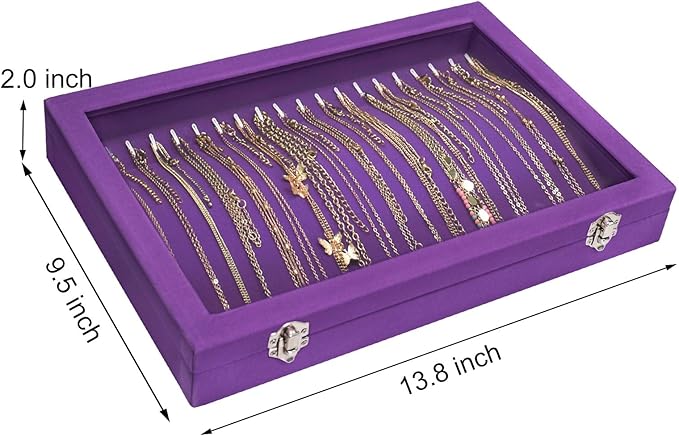 Necklace Organizer Box Premium 20 Hooks Velvet Necklace Display Jewelry Tray with Transparent Lid Jewelry Necklace Display Box for Necklace Pendants Suitable for Women and Girls (Purple)
