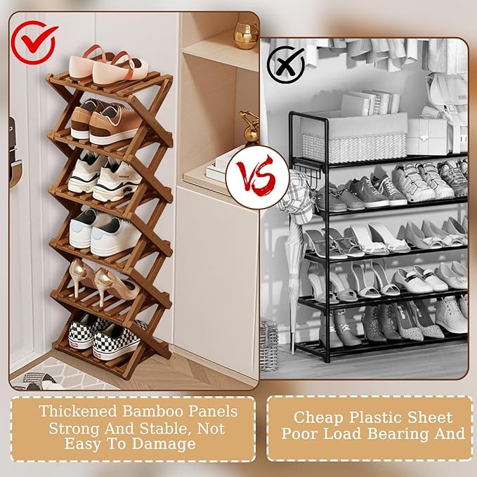 Comeon Bamboo Shoe Rack, Foldable Vertical Shoe Rack for Front Door Entrance Narrow Shoe Organizer Small Shoe Shelf for Entryway Shoe Storage Closet Multi-Tier (Brown Colors,7 Layers)
