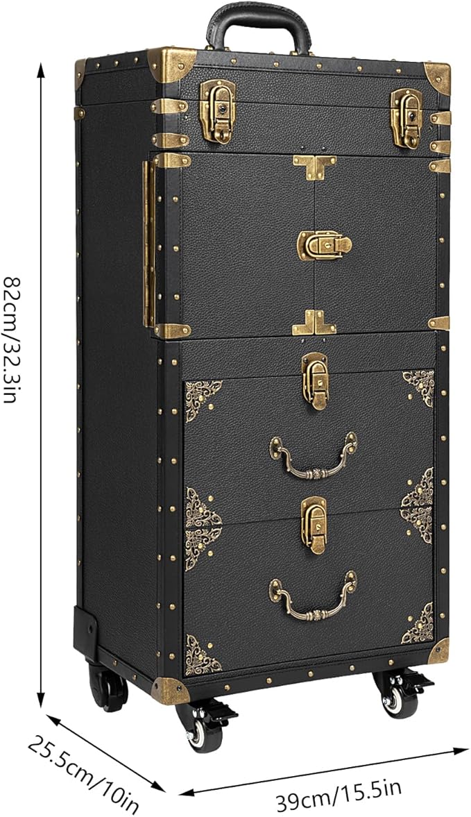 Rolling Lockable Makeup Train Case, Drawer Luggage Suitcase with Makeup Hairdressing Tools Storage, Makeup Beauty Salon Luggage Hairdressing Trolley Travel Organizer Tool Box, Retro Black