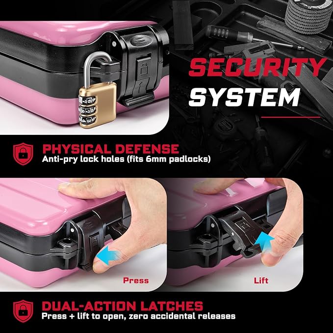 11”Pink Tools Box, Portable Steel Heavy-duty Tool Case with Safety Latch and Handle for Tools Storage and Organizers, Home DIY