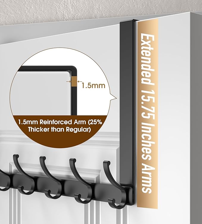 KitchLife Long Over The Door Hooks Hanger with 15.75 inches Extended Arms, Fits 1 3/8" Doors, F40U, 6 Double-Hanger Design Thickened Heavy Duty Bathroom Towel Rack Organization, Matte Black, 1 Pack