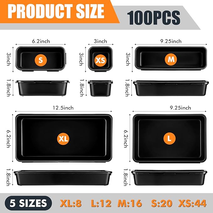 100 Pack Tool Box Organizer and Storage Tool Drawer Organizer Tray Divider 5 Sizes Garage Organization and Storage Black Plastic Tray Bins for Home Office Supplies