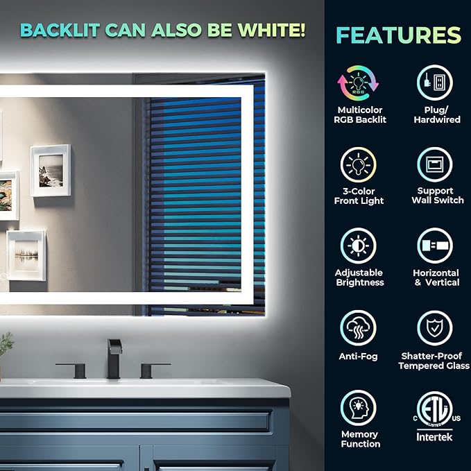 55x30 Inch RGB LED Bathroom Mirror Front Light and RGB Backlit Lighted Vanity Mirror for Bathroom Wall Mounted Dimmable Anti Fog Memory Shatter-Proof IP54 Waterproof Horizontal/Vertical