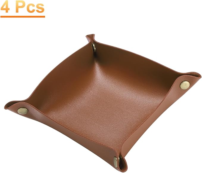 HARFINGTON 4pcs PU Leather Valet Tray Unisex Folding Small Catchall Tray Portable Entryway Table Tray Nightstand Bedside Desk Tray for Key Wallet Watch Coin Jewelry Dice, Brown