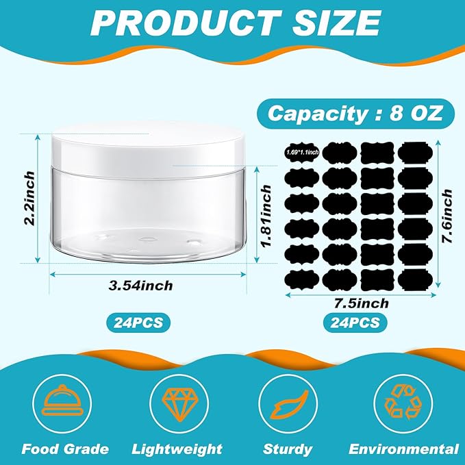 Dandat 24 Pcs 8 oz Plastic Jar Container with Lid and Label Refillable Empty Round Clear with White Pet Cosmetic Sample Slime Containers for Lotion, Cream, Ointment, Body Butter, Makeup Travel Storage