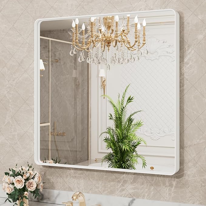 LOAAO 36x36 Inch White Metal Framed Bathroom Mirror for Wall, White Bathroom Vanity Mirror Farmhouse, Large Rounded Rectangle Mirror, Anti-Rust, Tempered Glass, Hangs Horizontally or Vertically