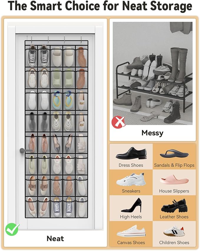 dodowin Over the Door Shoe Organizers, 2 Pack (Black 24-Pocket & Grey 40-Pocket) - Hanging Shoe Rack with 4 Metal Hooks, Space Saving Foldable Storage for Closet Door