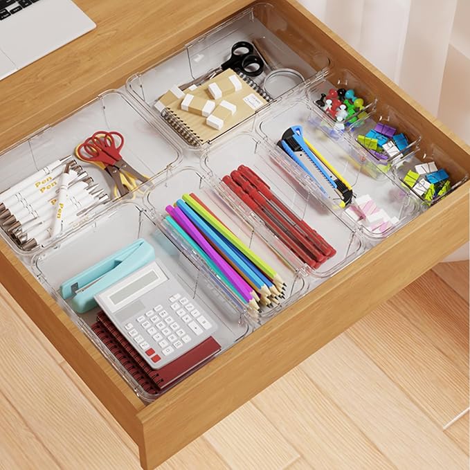 14 Pcs Extendable Clear Drawer Organizer, Adjustable Vanity Storage Box, 3-Size Desk Drawer Organizer, Non-Slip Storage Bins for Cosmetics, Jewelries, Stationeries, Tools, Cutleries, Toiletries