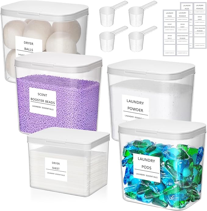 Lifewit Laundry Pods Container with Pop-up Lid, Detergent Dispenser, Dryer Sheet Holder, Laundry Room Organization Storage Jars for Washing Powder, Soap, Scent Booster Beads,0.5+0.72gal, 5 Pcs