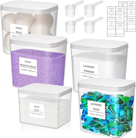 Lifewit Laundry Pods Container with Pop-up Lid, Detergent Dispenser, Dryer Sheet Holder, Laundry Room Organization Storage Jars for Washing Powder, Soap, Scent Booster Beads,0.5+0.72gal, 5 Pcs