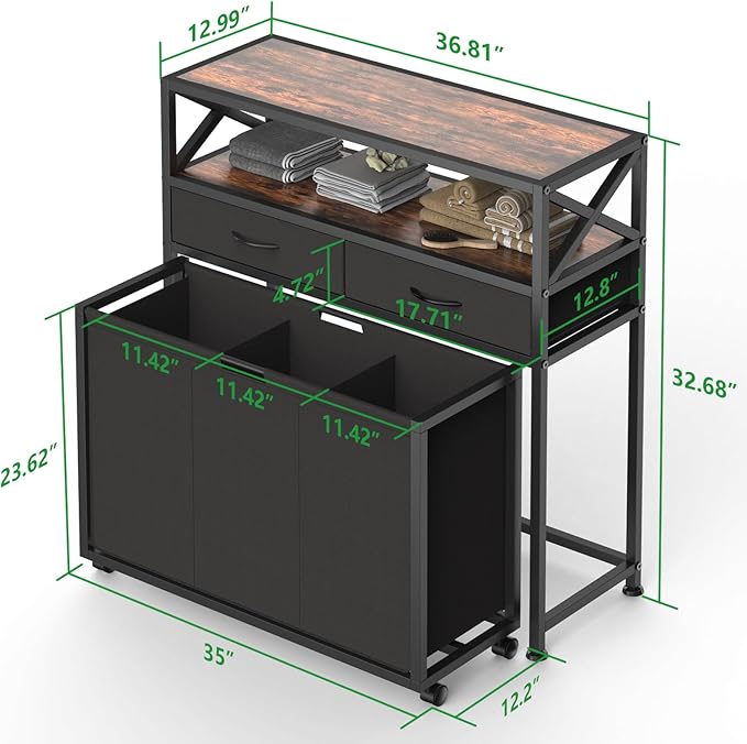 Laundry Hamper 3 Section, 150L Rolling Laundry Sorter Basket with 2 Shelves and 2 Drawers, 3 Compartment Clothes Organizer Cart with Wheels, Pull-Out Bags for Laundry Room, Bathroom, Bedroom